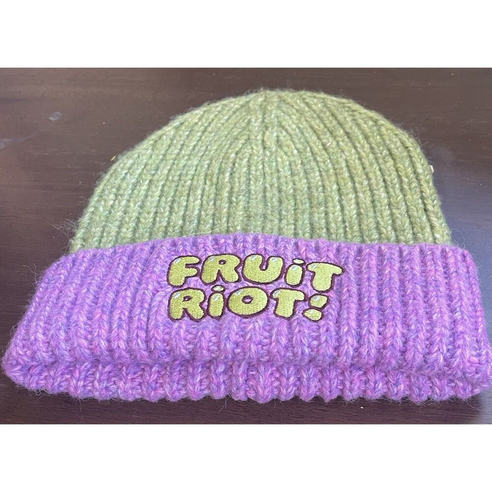 Fruit Riot Promo Knit Beanie Hat Purple Green Two-Tone Embroidered Logo Rare